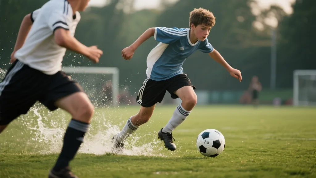 年轻中场在球场上带球推进与对抗的动态画面