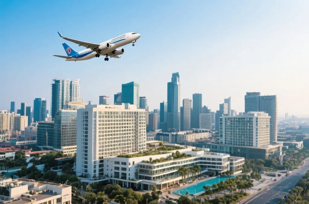 飞机在现代都市上空飞行，象征旅游和航空业繁荣
